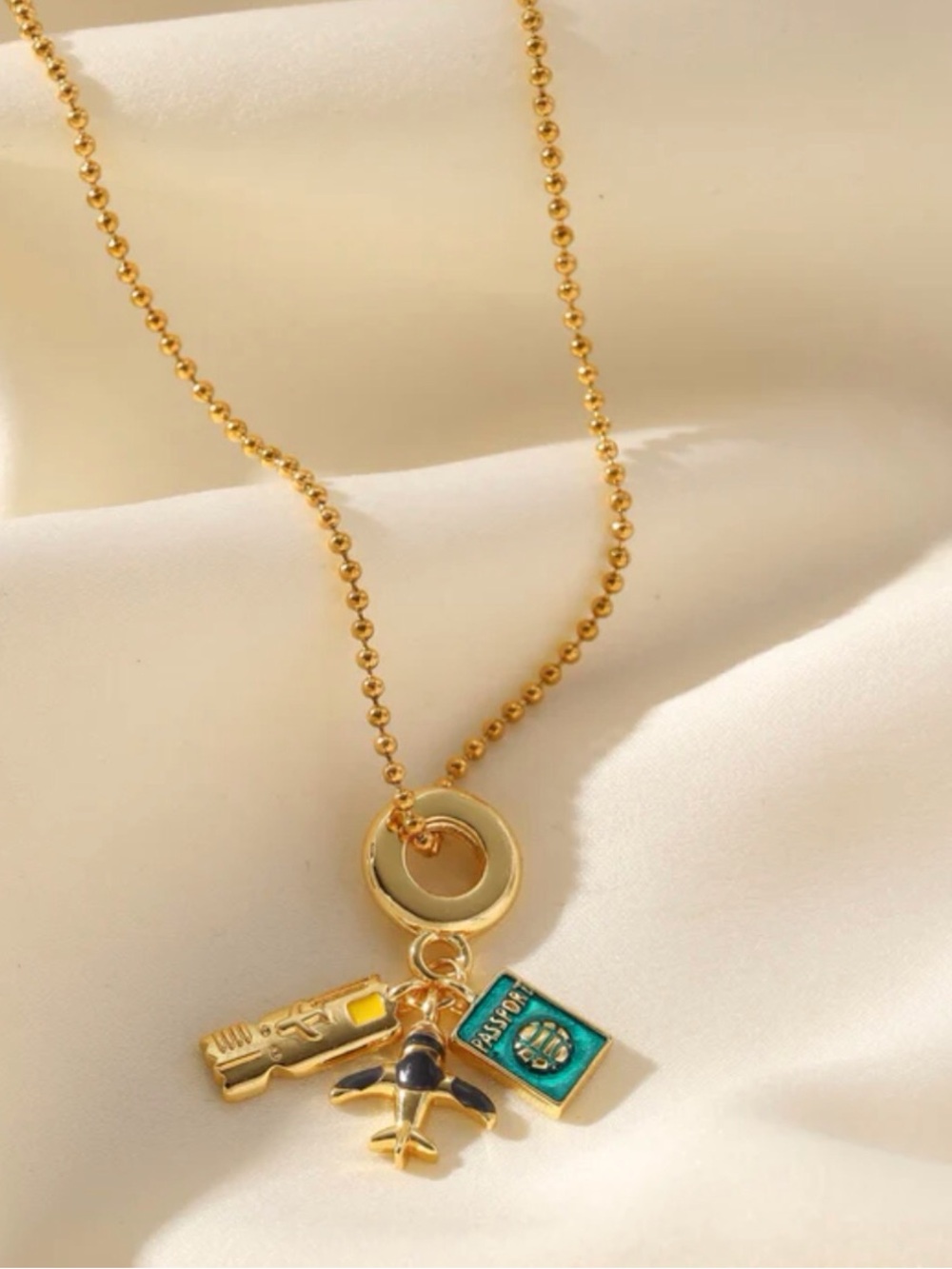 18k Gold Travel Charm Necklace with Airplane & Passport Pendant